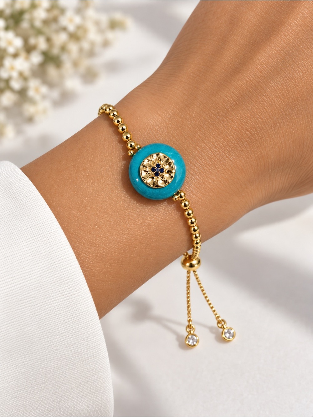 Gold Beaded Bracelet with Turquoise Disc and Crystal Accent